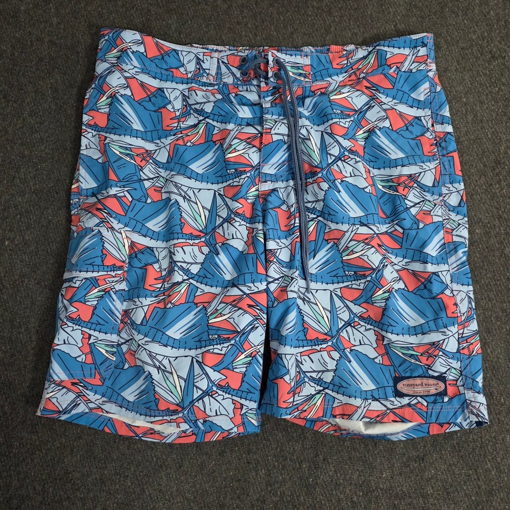Vineyard Vines Sailfish Swim Trunks Board‎ Shorts Blue Coral Men's Size 34